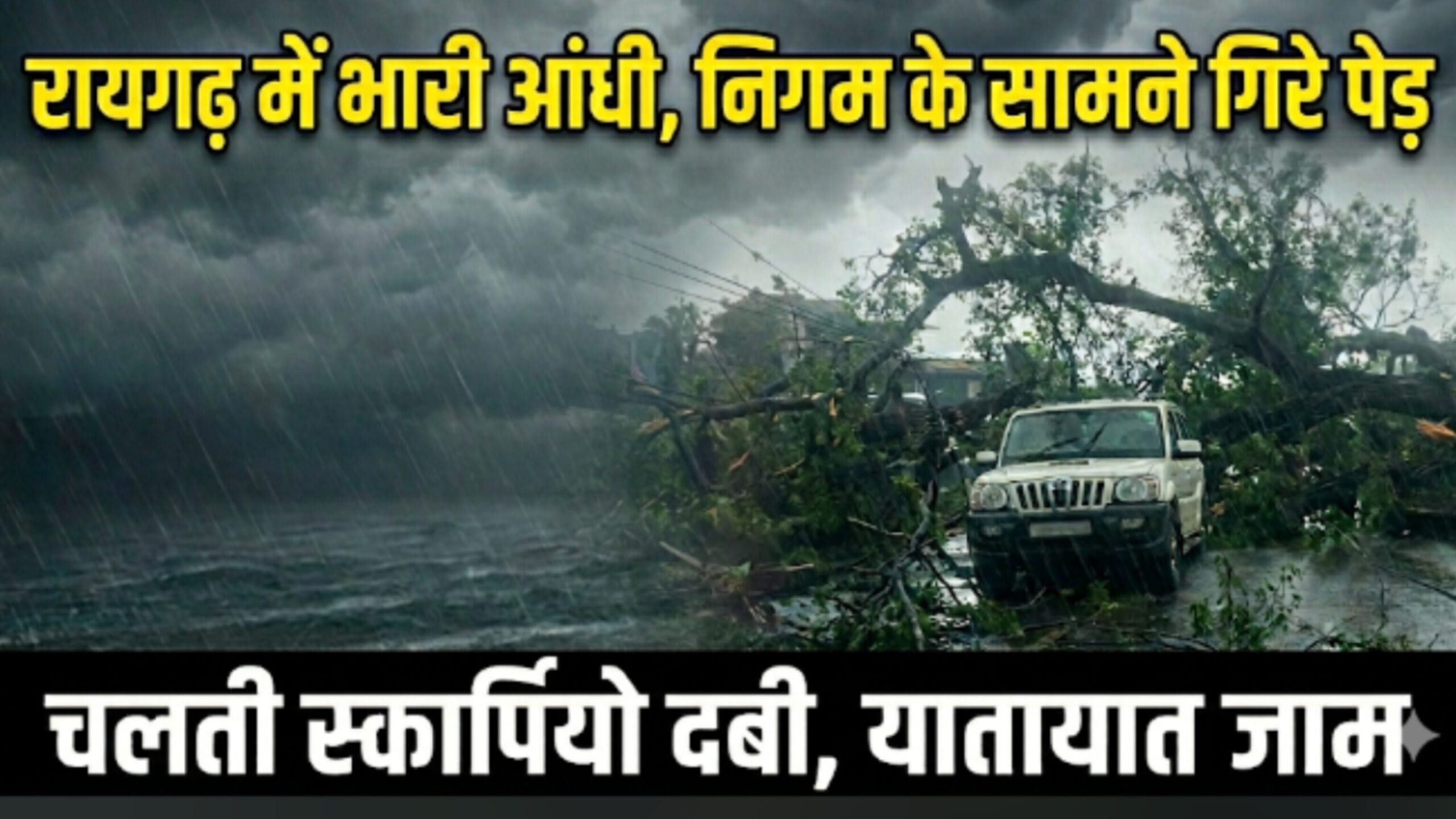1001913231 scaled रायगढ़ में आंधी का कहर: ढिमरापुर चौक में चलती स्कार्पियो पर गिरा पेड़, नगर निगम के सामने भी मार्ग बंद; यातायात बाधित
